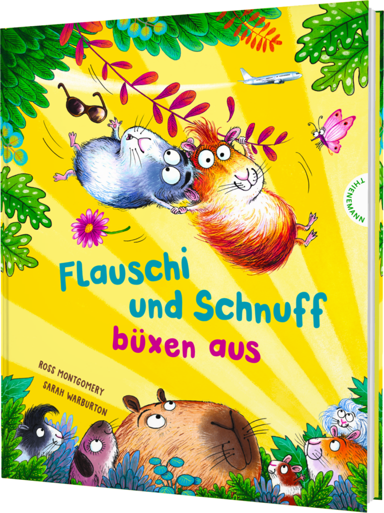 Das Buchcover zeigt zwei fröhliche Meerschweinchen, eines graufällig, das andere orange, die schwebend zwischen bunten Blumen und fröhlichen Farben dargestellt sind. Der Hintergrund ist hellgelb mit grünen Blättern und niedlichen Tieren.