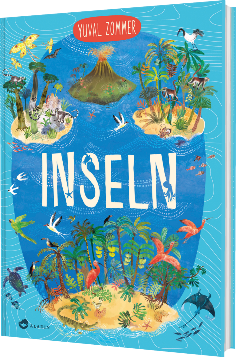 Das Buchcover zeigt eine lebendige Landschaft mit mehreren bunten Inseln, umgeben von klarem Wasser. Diverse Tiere und Pflanzen sind abgebildet, und der Titel „INSELN“ strahlt in großen, weißen Buchstaben.